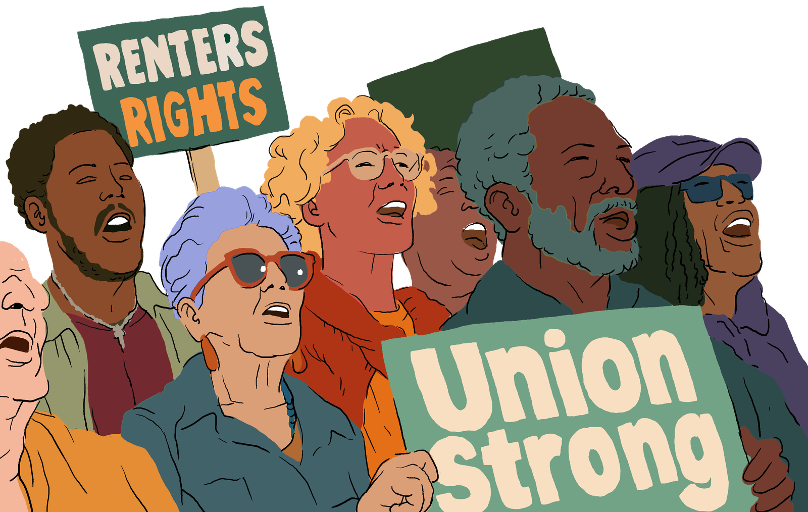 Neighbors rallying with Renters Rights and Union Strong signs